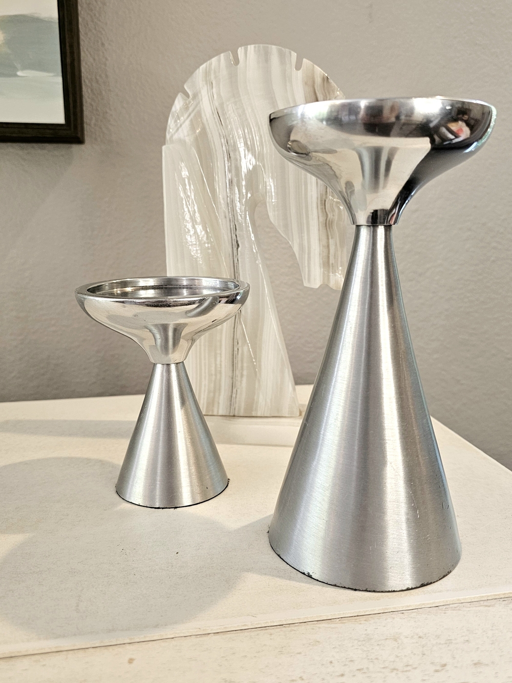 Pillar Candle Holders Silver Modern Minimalist Metal Set of 2 Polished Decor